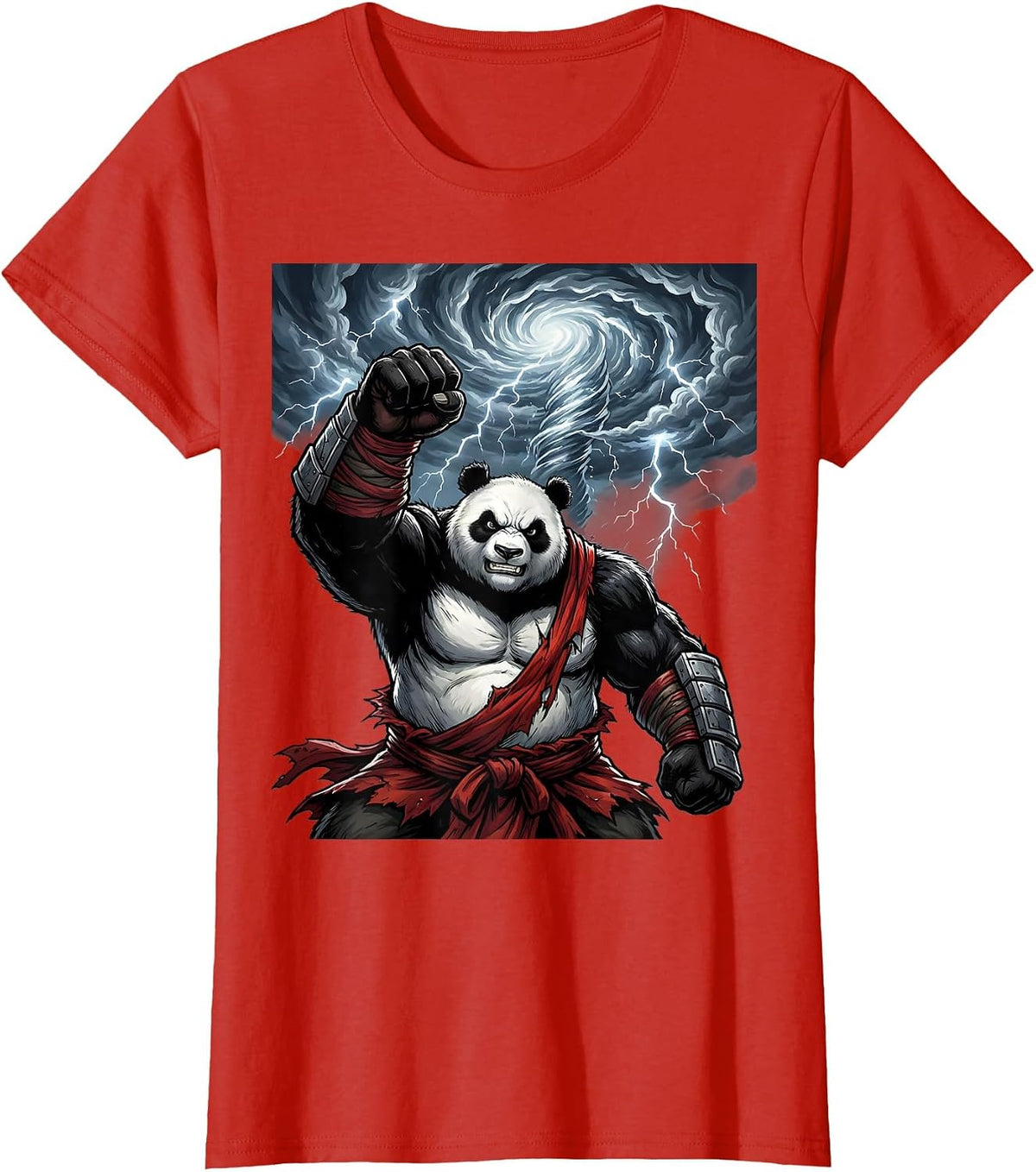 Panda Warrior Raising Fist in Storm T-Shirt - Red