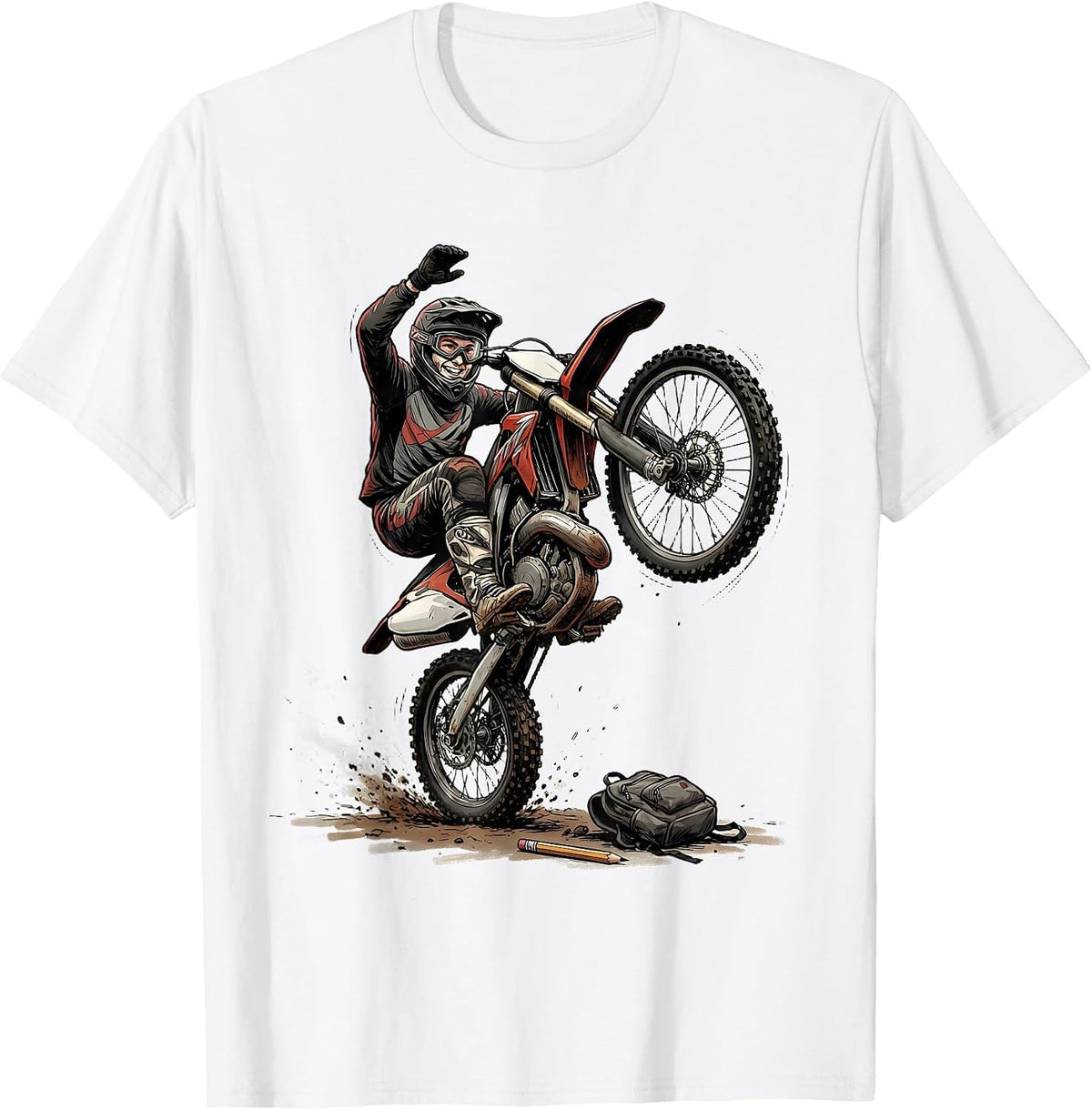 Men's Hand-Sketched Wheelie Rider Dirt Bike Motocross Pride T-Shirt - White