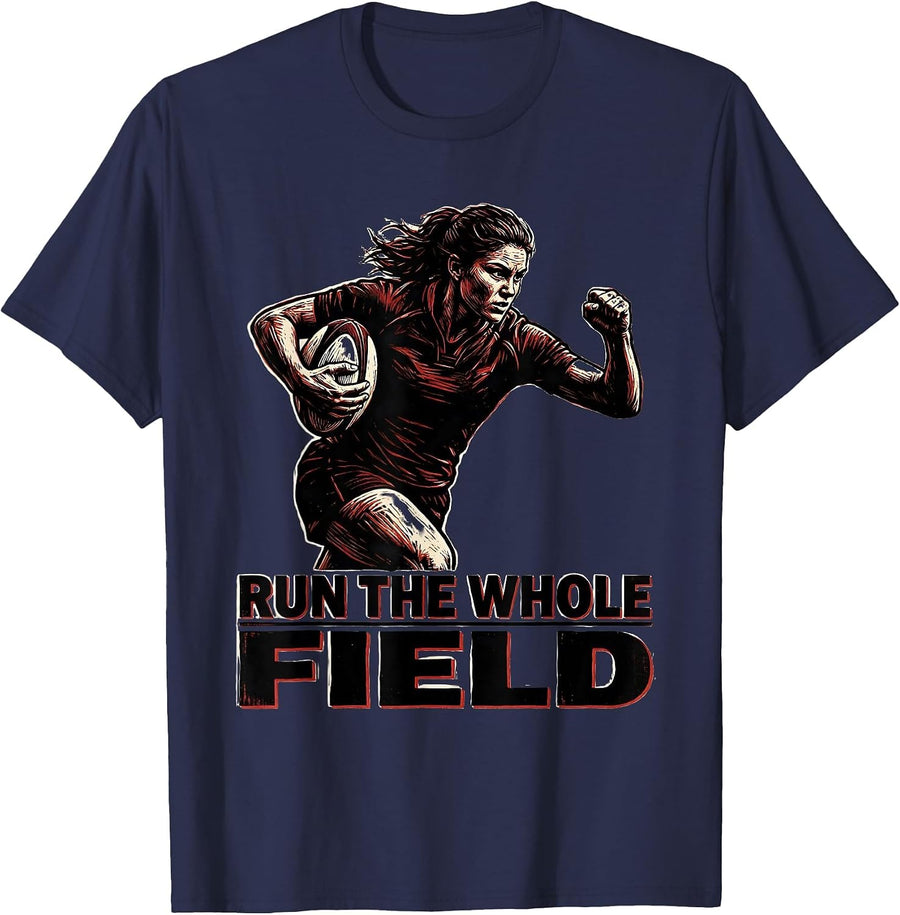 Run the Whole Field Rugby Graphic Design T-Shirt - Navy Blue