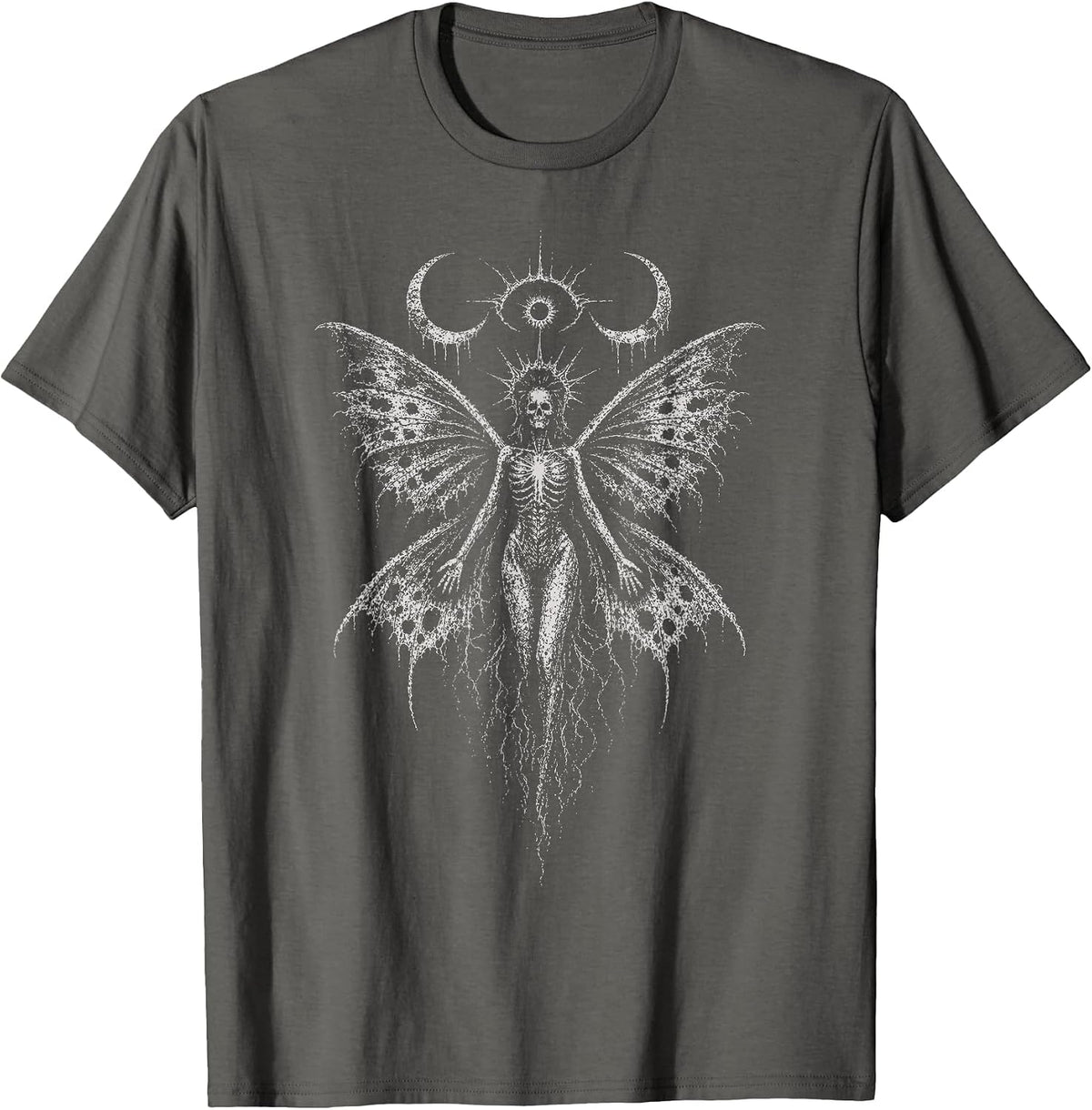 Skeleton Fairy Death Moth Skull Goth Occult Moon Alt Y2K Art T-Shirt - Asphalt Grey