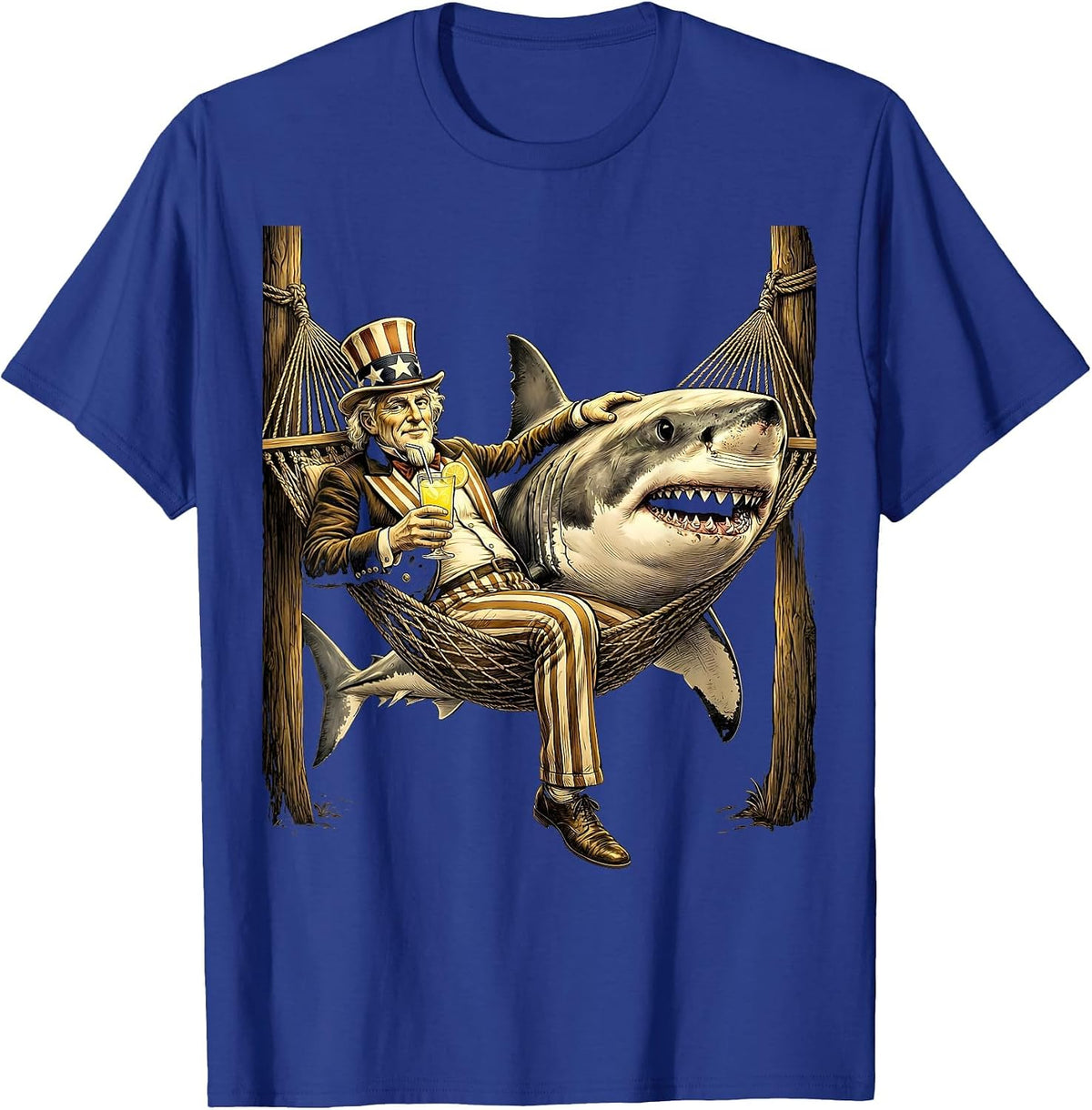 Shark Relaxing in Hammock with Lemonade T-Shirt - Royal Blue