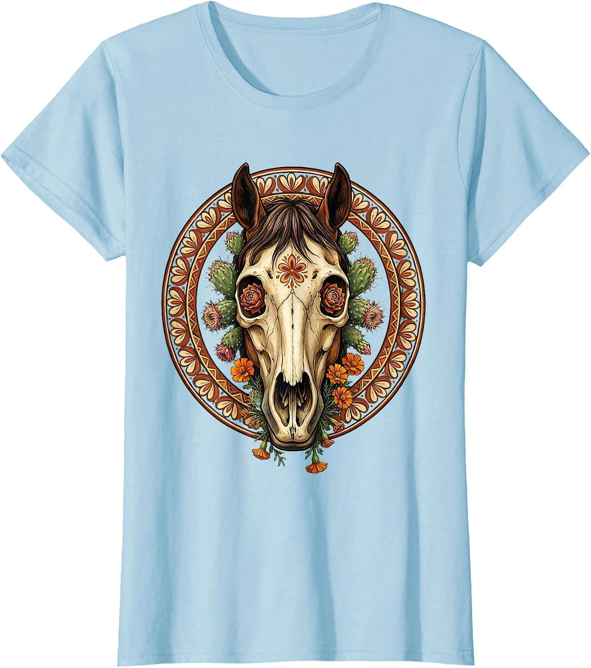 Women's Horse Skull Desert Flowers Cowgirl Graphic T-Shirt - Baby Blue