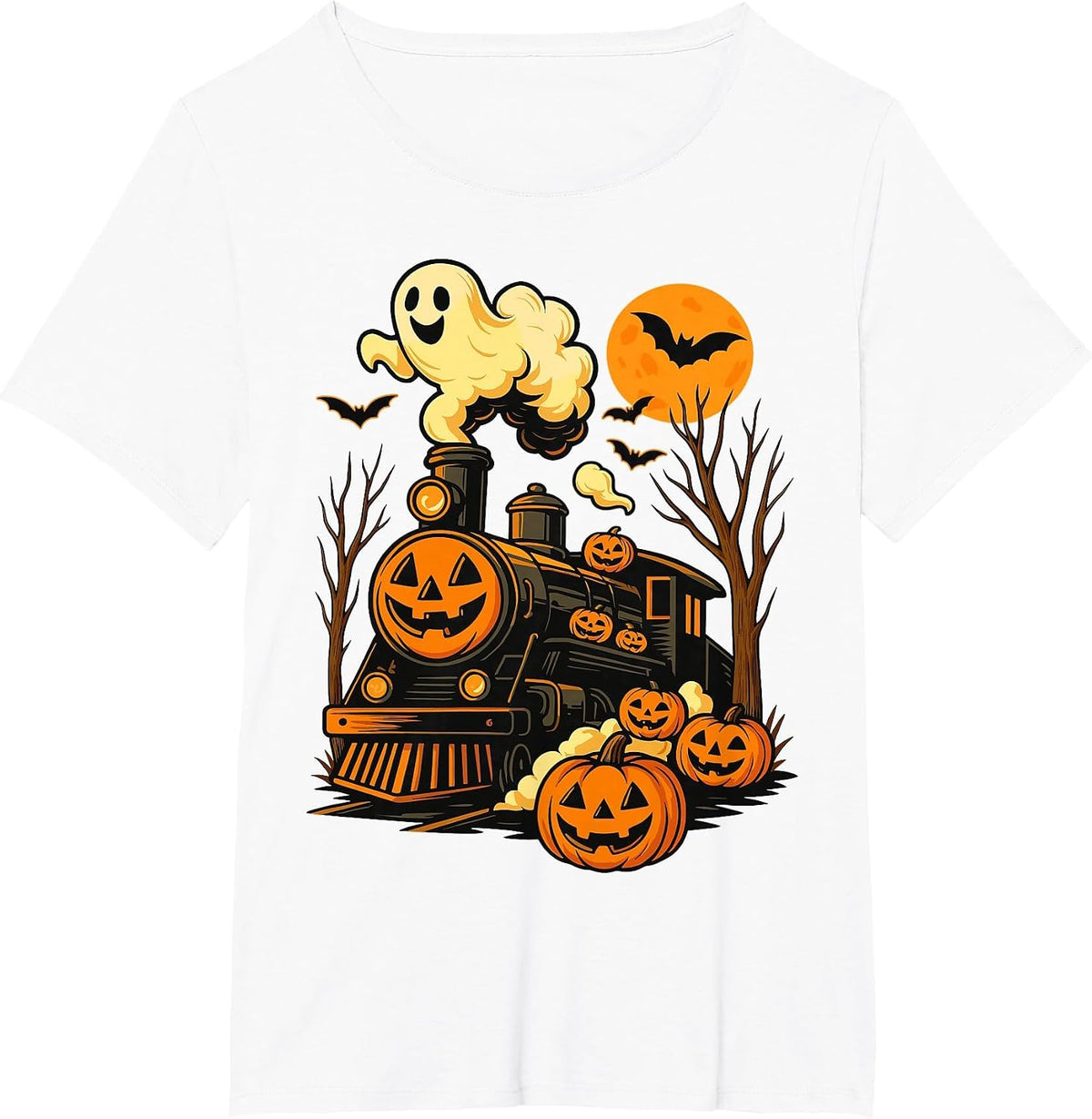 Vintage Halloween Train Pumpkin Railroad Trains Lover T-Shirt - White