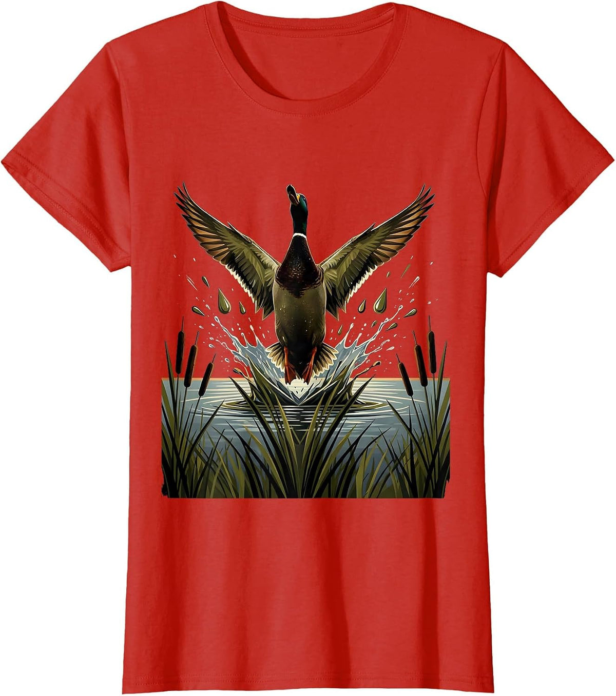 Bottomland Camo Mallard Duck Burst Hunting Design T-Shirt - Red