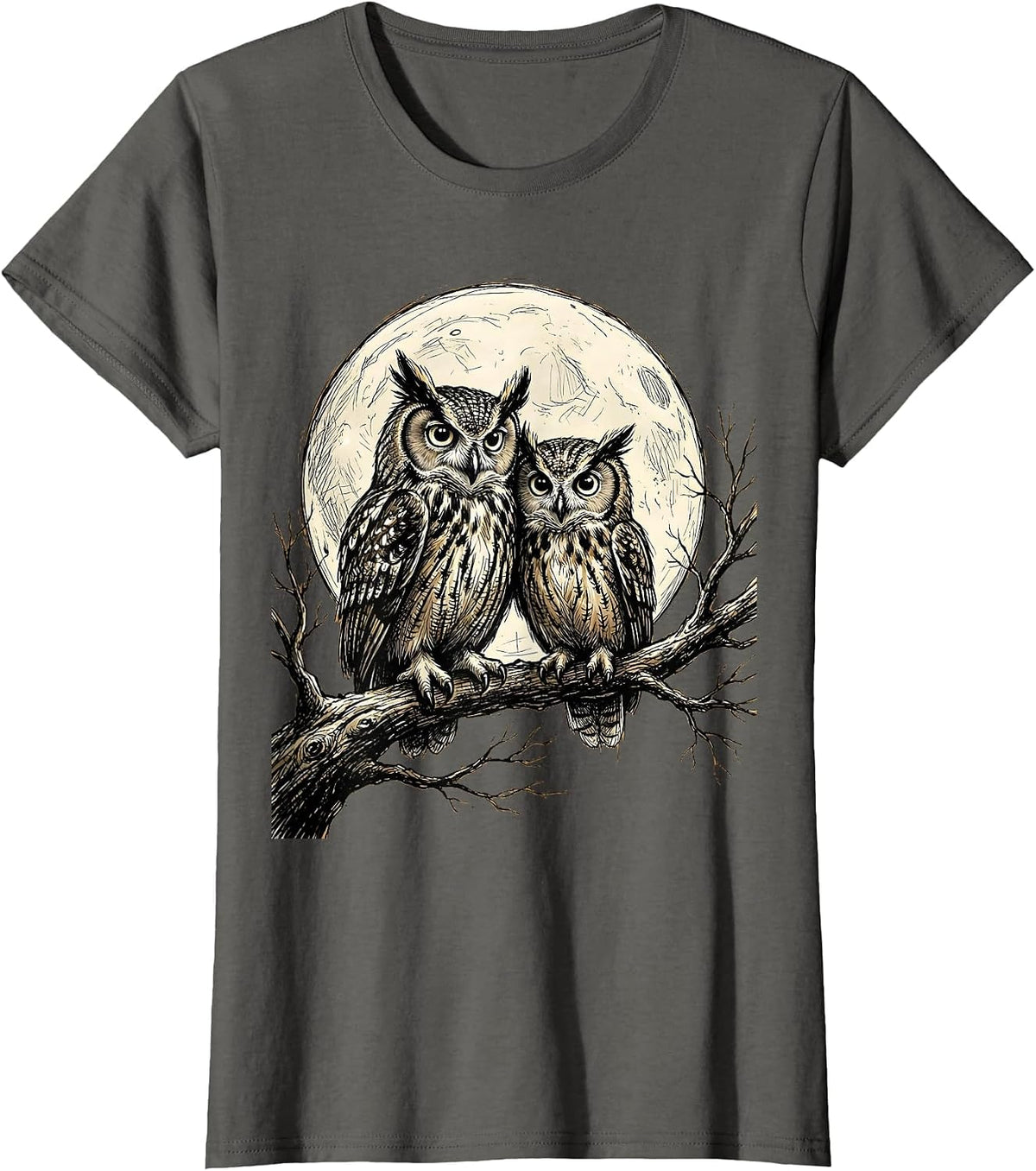 Women's Owl Couple Moonlit Branch Mom and Dad Gift T-Shirt - Asphalt Grey