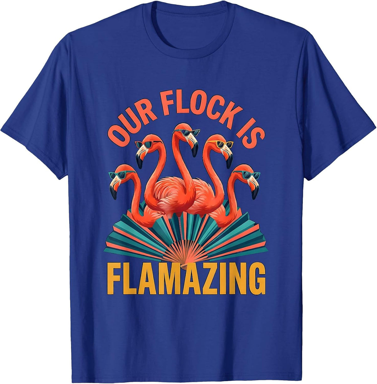 Our Flock Is Flamazing Flat Vector Flamingo Sunglasses T-Shirt - Royal Blue