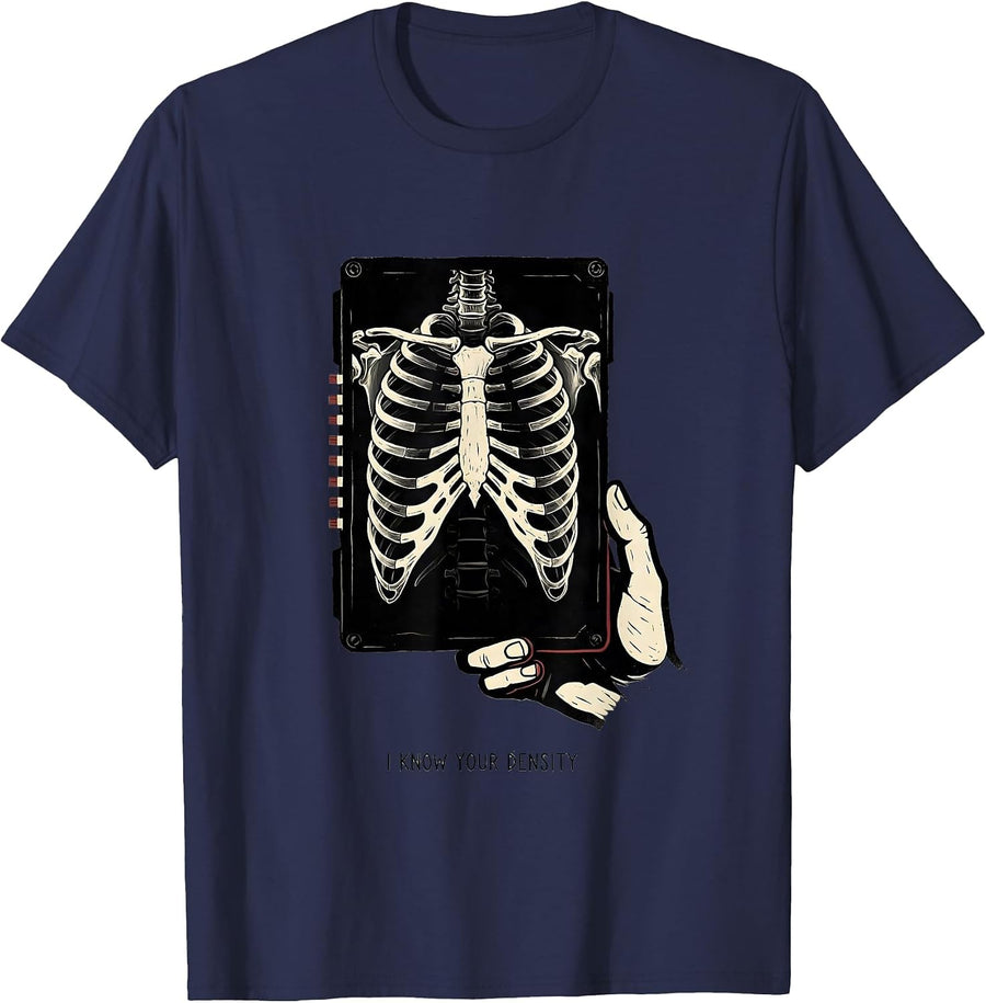 I Know Your Density Linocut Radiology Tech Humor T-Shirt - Navy Blue