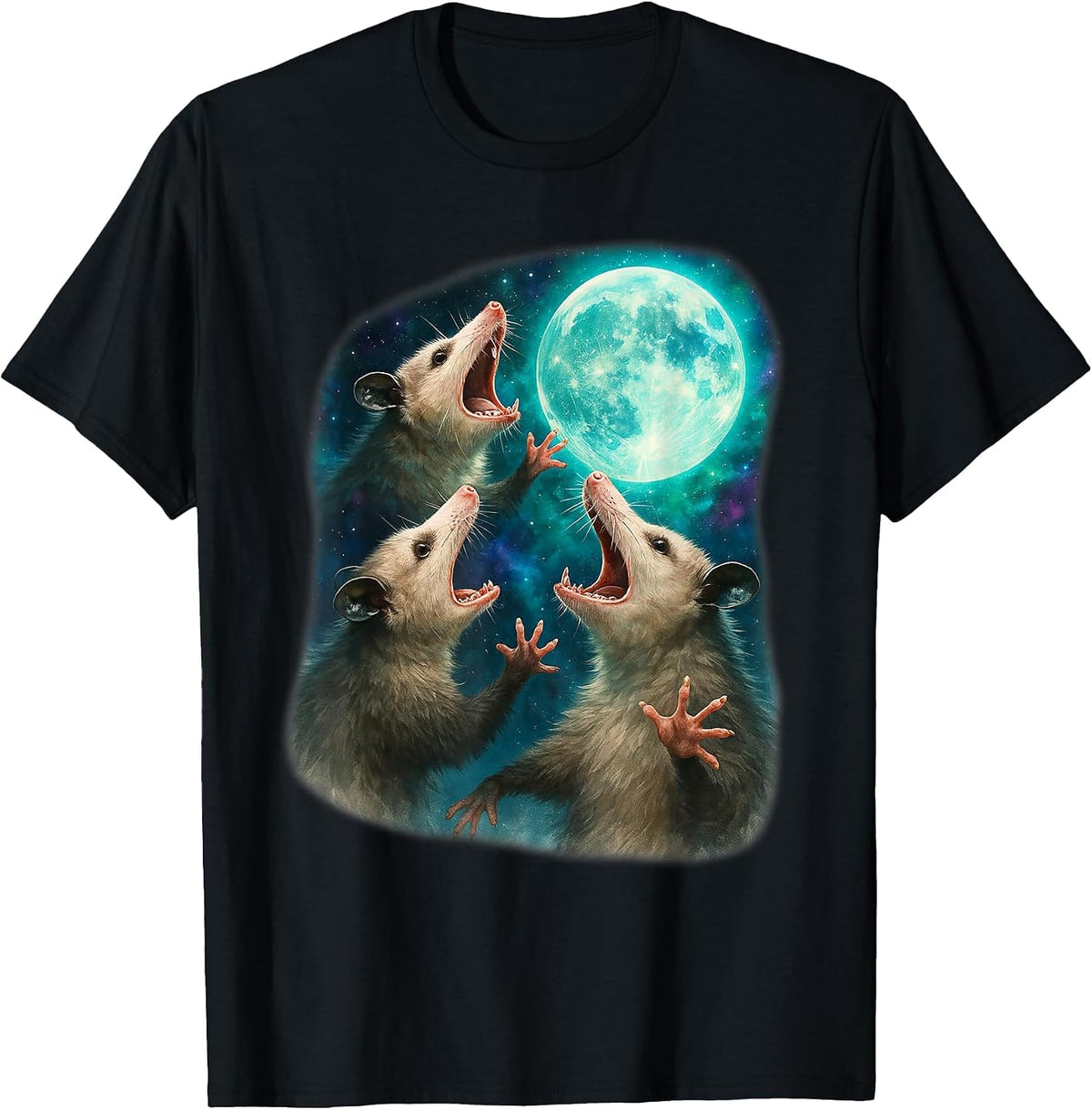 Three Possum Moon Funny Weird Cursed Meme 3 Opossums Howl T-Shirt - Black