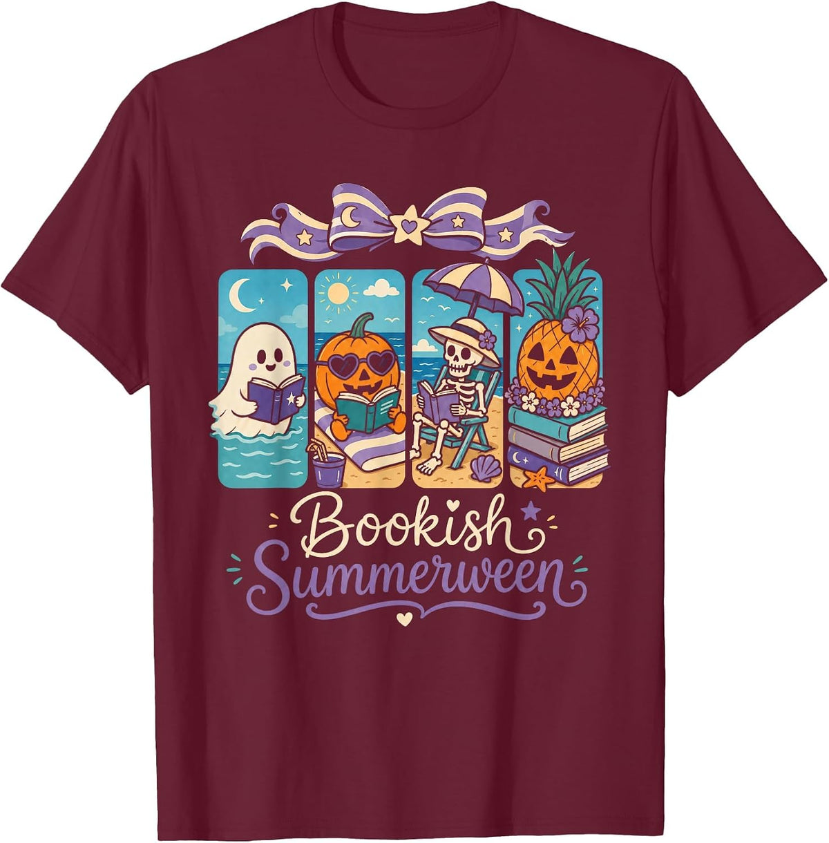 Summerween Boo Reading Book Spooky Vibes Summer Vacay T-Shirt - Burgundy