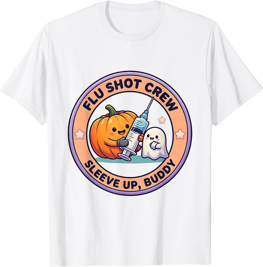 Men's Flu Shot Crew Sleeve Up Buddy Cute Kawaii Halloween Nurse T-Shirt - White