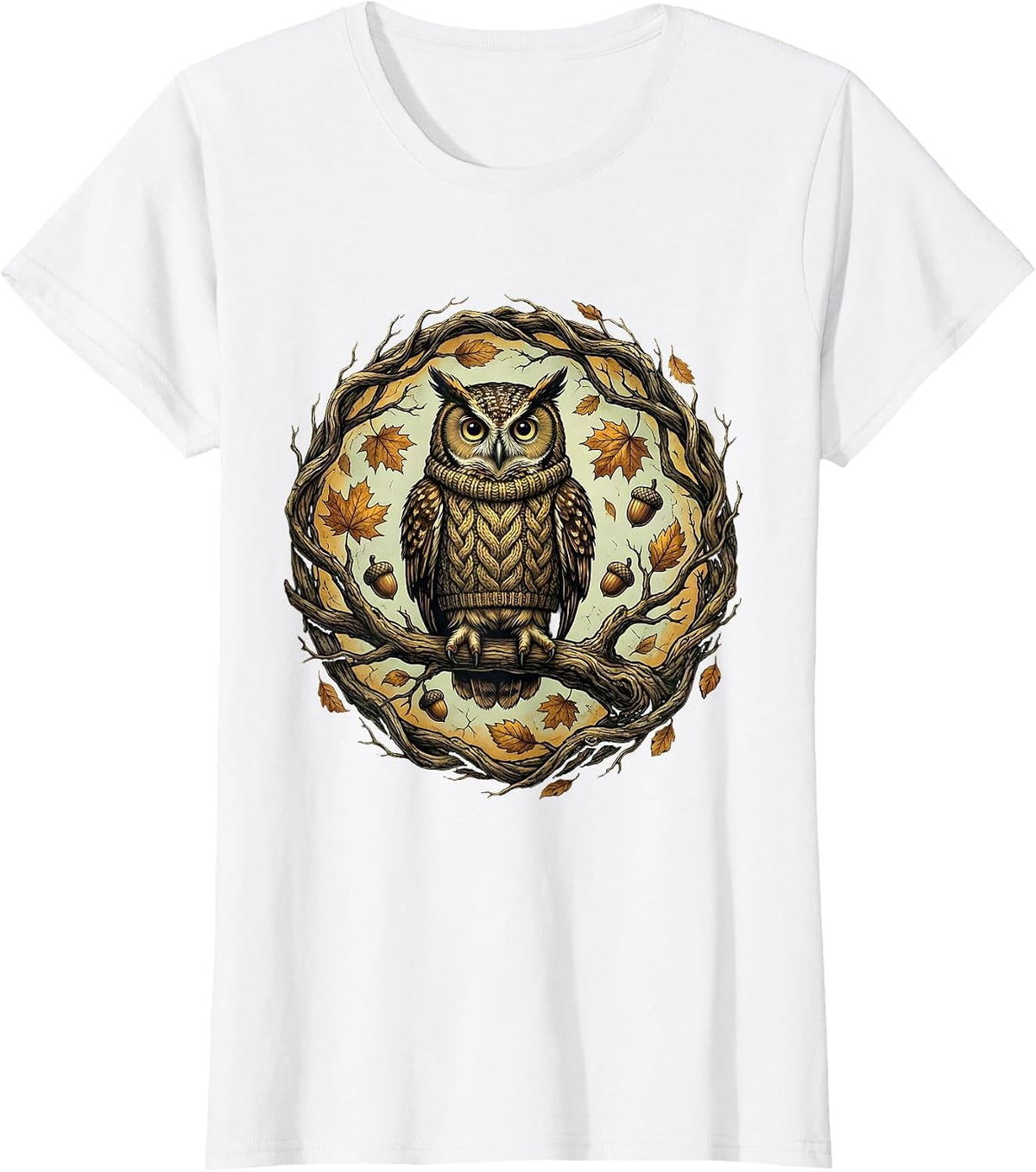 Women's Fall Owl on Branch Autumn Knitted Sweater Design T-Shirt - White