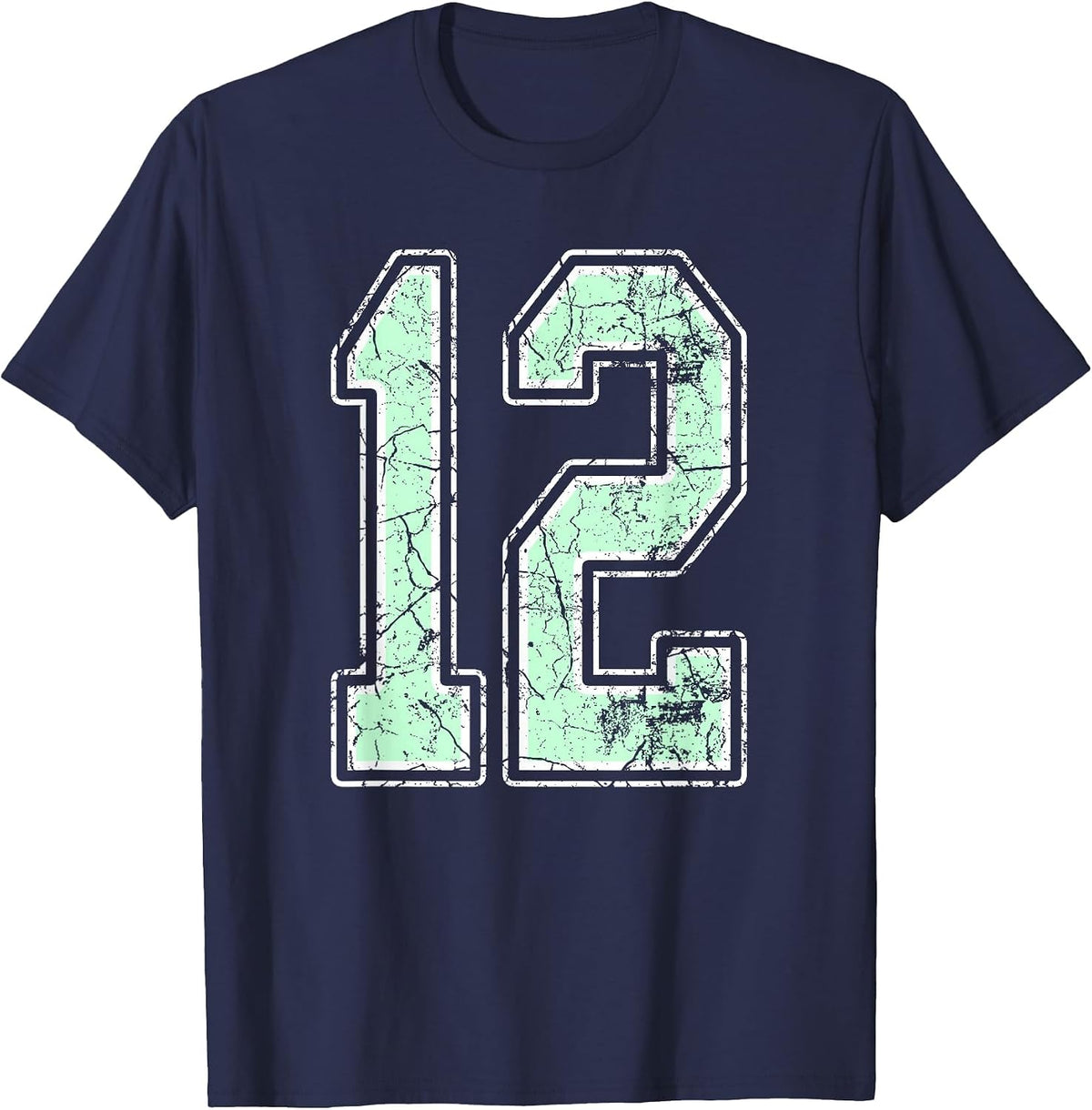 Mint Green White Sports Number 12 Jersey Uniform Player T-Shirt - Navy Blue
