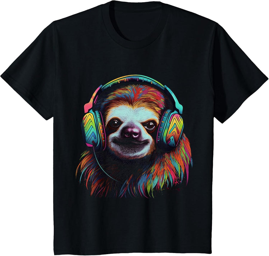 Sloth Artwork Music Colourful Animal Headphones Sloth T-Shirt - Black