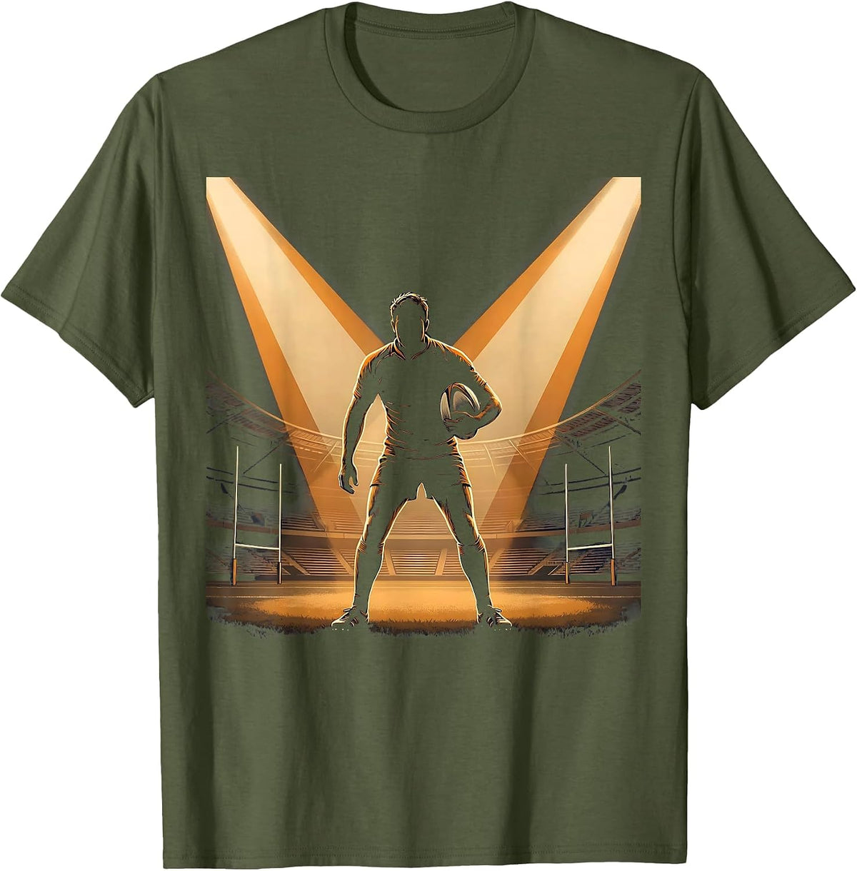 Men's Rugby Player Under Stadium Floodlights Graphic T-Shirt - Olive Green