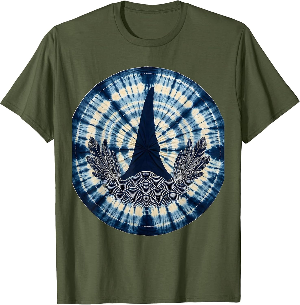 Shark Fin Tie Dye Waves Graphic Design T-Shirt - Olive Green