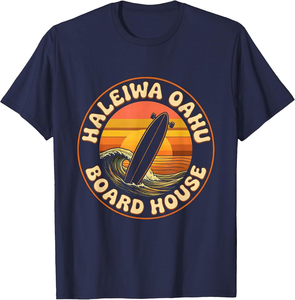 Men's Haleiwa Oahu Board House Retro Vintage Surf Beach Souvenir T-Shirt - Navy Blue