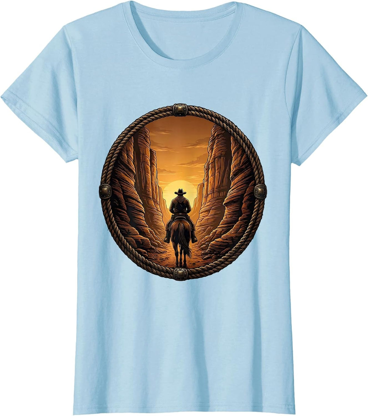 Women's Cowboy Riding Through Canyon Tunnel Western Art T-Shirt - Baby Blue