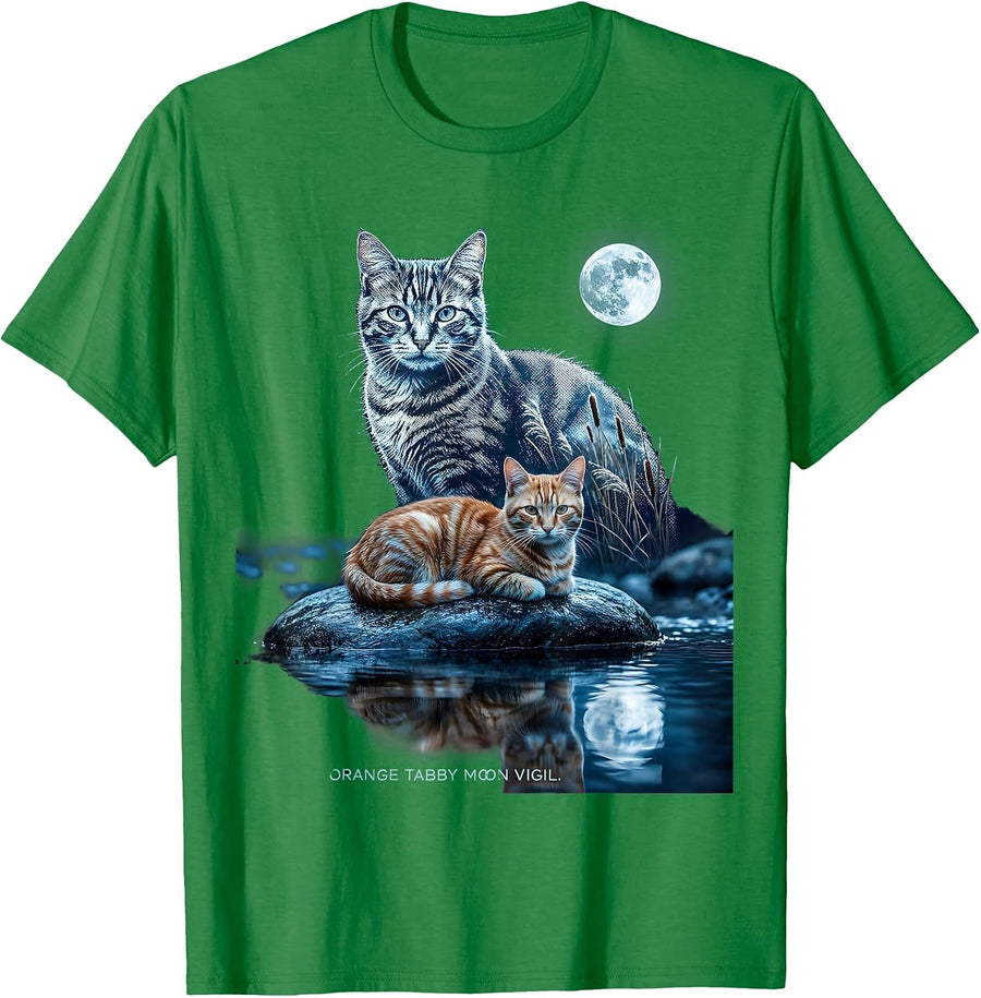 Men's Orange Tabby Moon Vigil Monochromatic 90s Retro Cat Portrait T-Shirt - Kelly Green