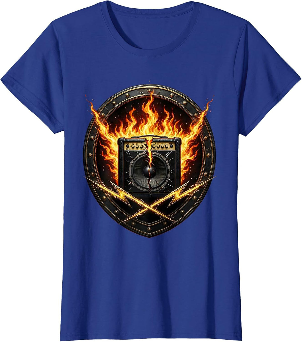 Women's Broken Amp Flames 80s Rock Band Graphic T-Shirt - Royal Blue