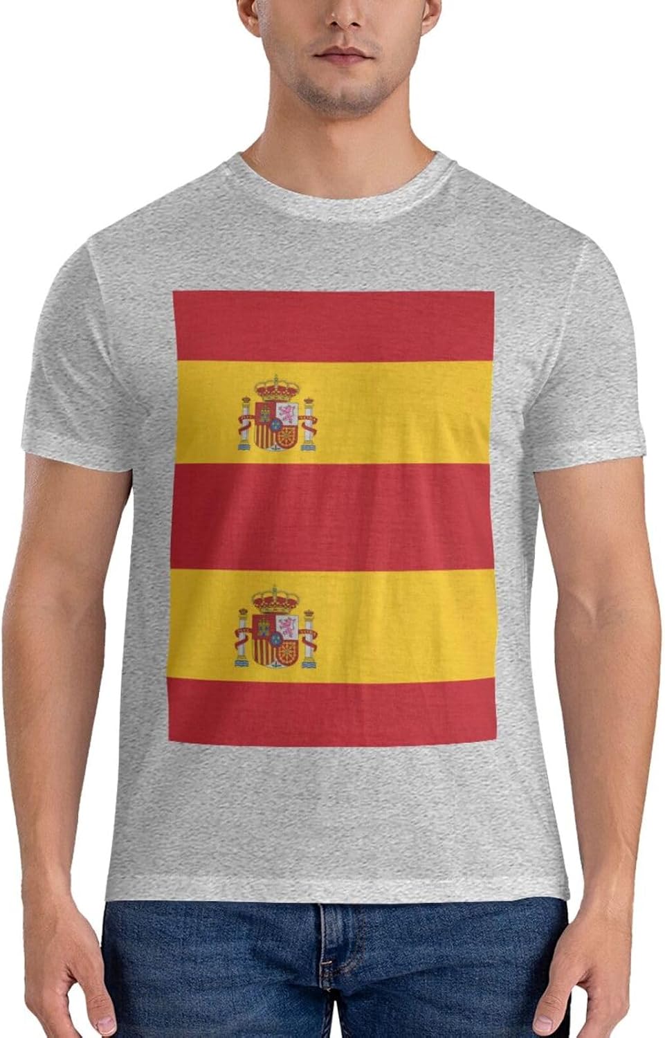Spanish Flag Men's 100% Cotton Crewneck T-Shirt - Soft Breathable Black Short Sleeve Everyday Tee - Gray
