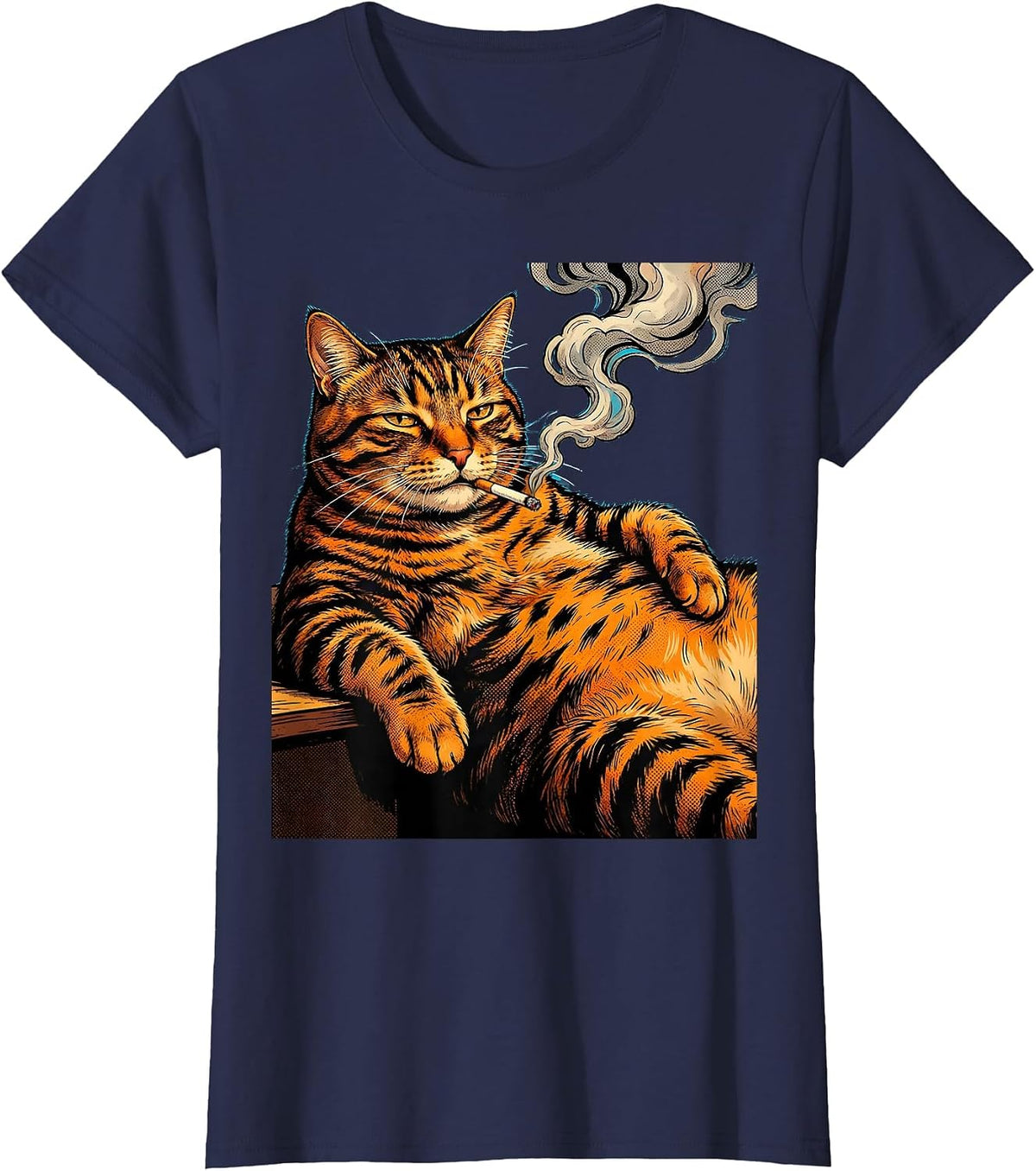 Women's Fat Tabby Cat Lounging With Cigarette Graphic T-Shirt - Navy Blue