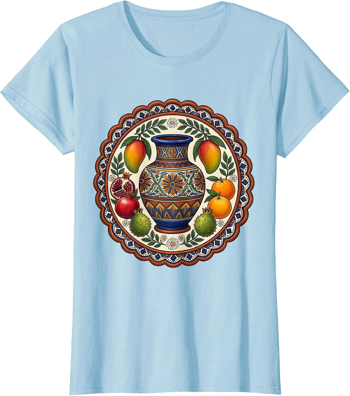Mamacita Vintage Mexican Pottery and Fresh Fruit Art T-Shirt - Baby Blue