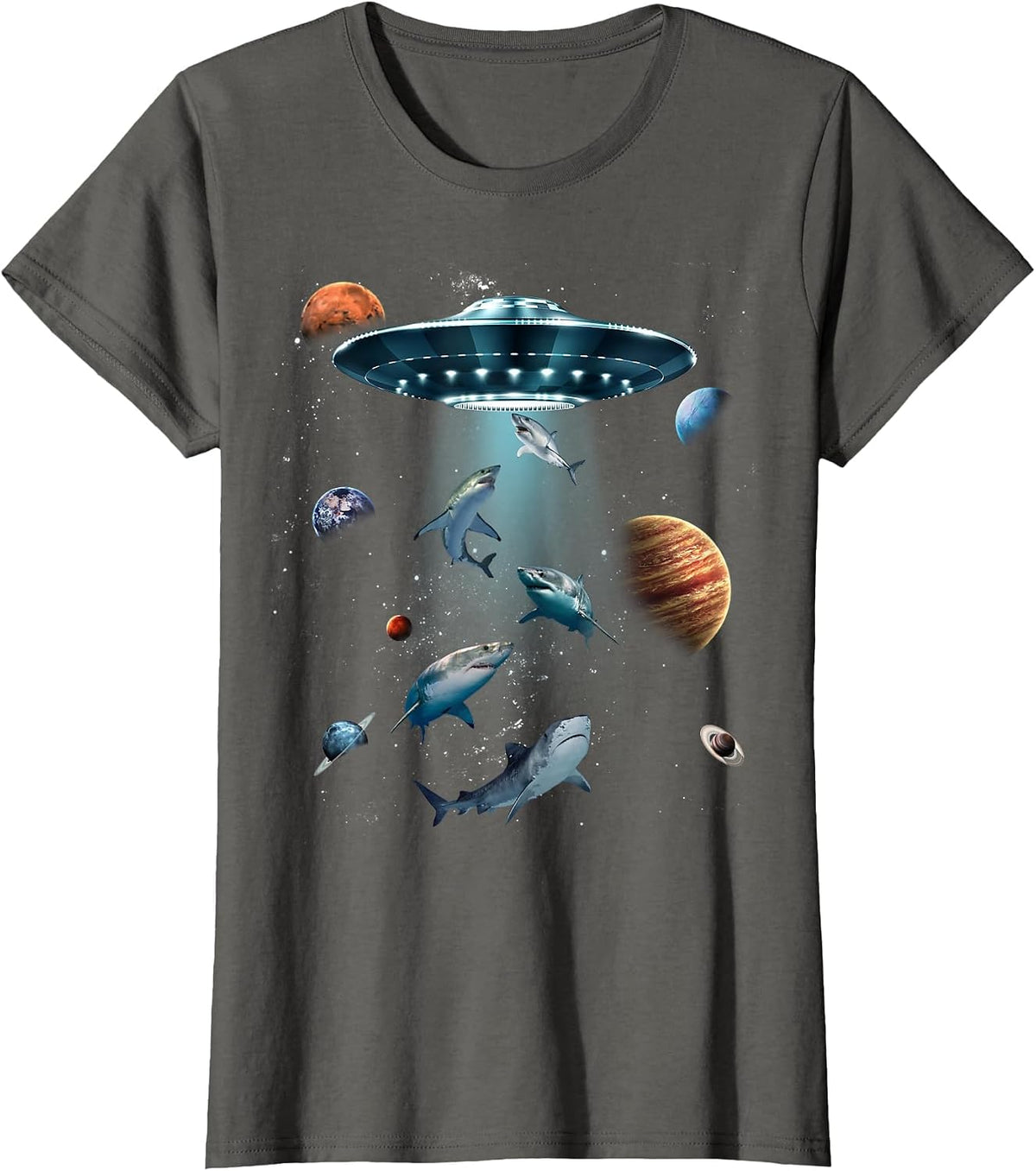 Galaxy Fish Shark Space UFO Alien Stars Sea Ocean Sharks T-Shirt - Asphalt Grey