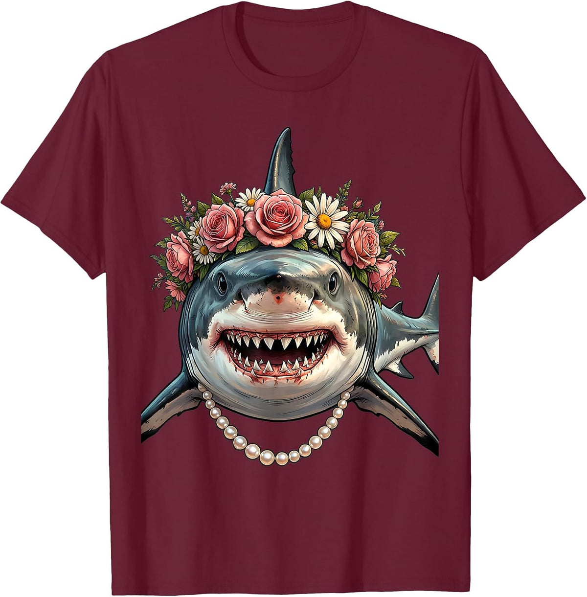 Mommy Shark Pearl Necklace Flower Crown Design T-Shirt - Burgundy
