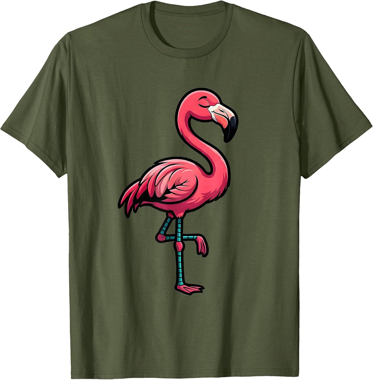 Cartoon Flamingo Novelty Bird Lover Gift T-Shirt - Olive Green