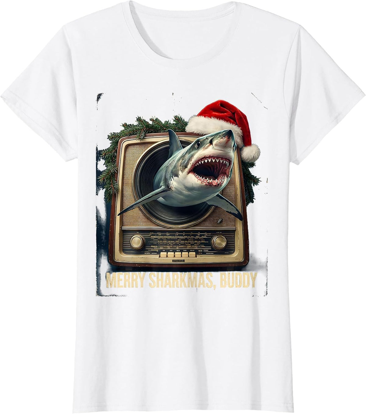 Merry Sharkmas, Buddy Vintage Shark Christmas Pun Humor T-Shirt - White