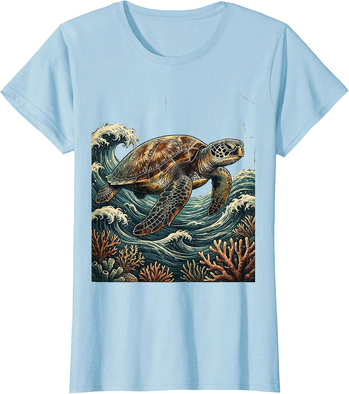 Hawaiian Sea Turtle Turquoise Ocean Waves Design T-Shirt - Baby Blue