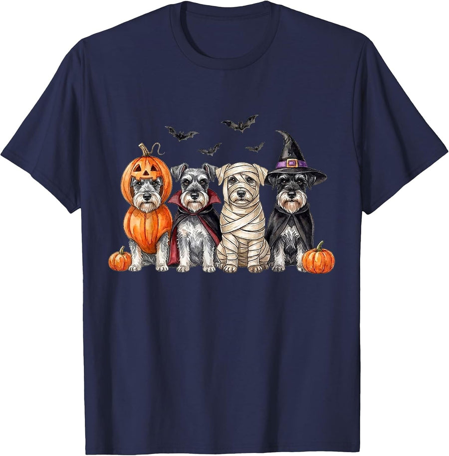 Halloween Schnauzer Squad Pumpkin Vampire Mummy Witch Dog T-Shirt - Navy Blue