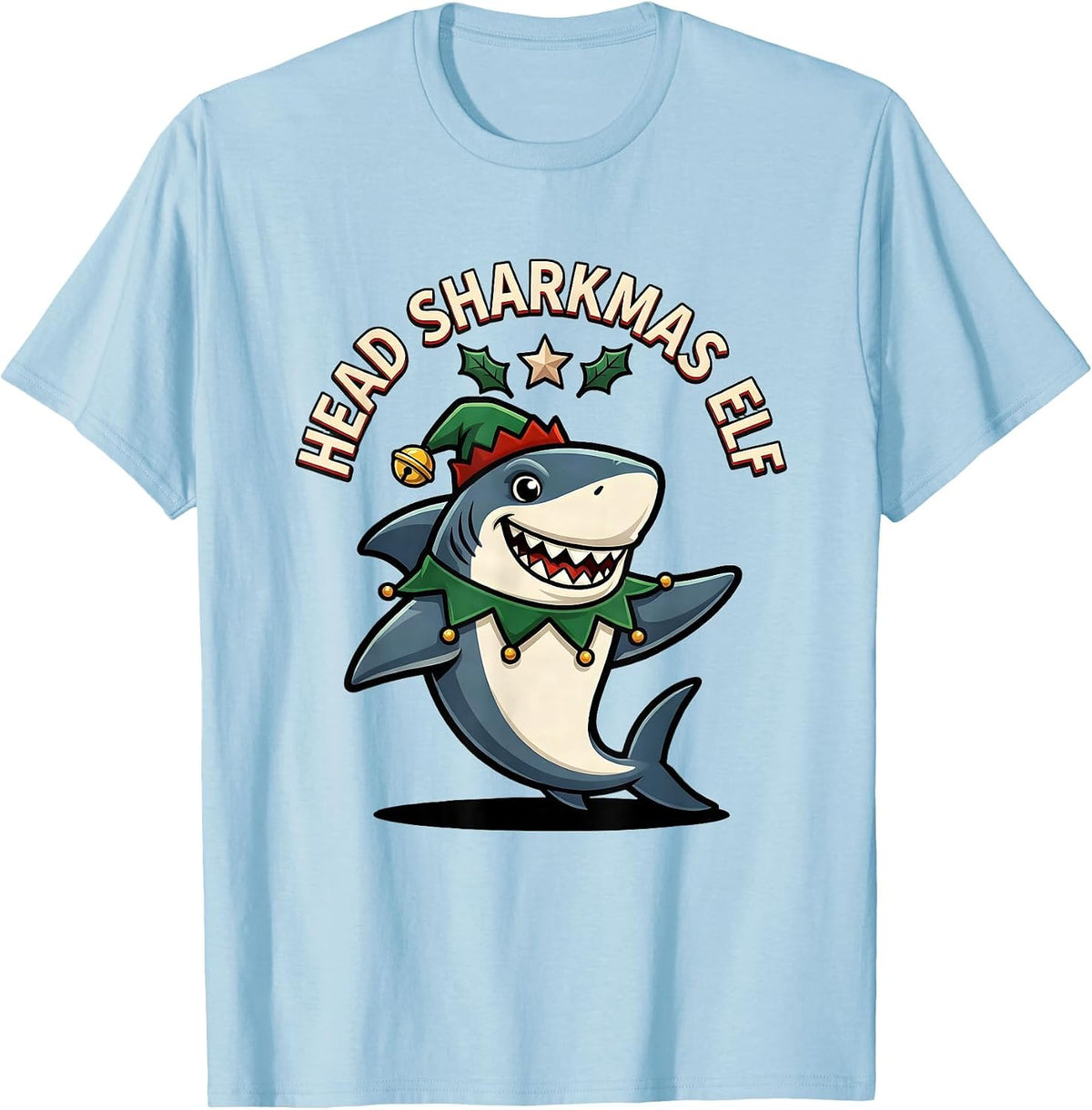 Men's Head Sharkmas Elf Cartoon Shark Lover Christmas Pun Humor T-Shirt - Baby Blue