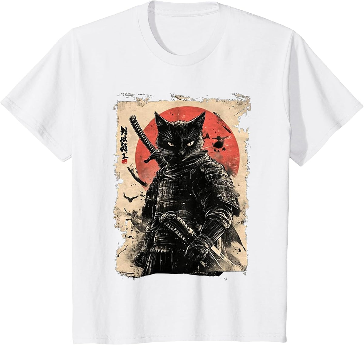 Vintage Japanese Art Anime Graphic Samurai cat Warrior T-Shirt - White