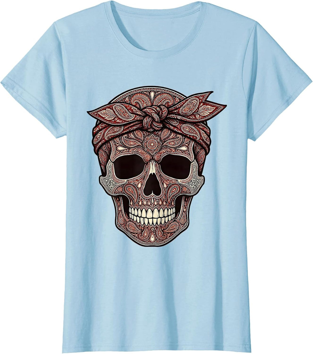 Women's Skull Knotted Bandana Headband Graphic T-Shirt - Baby Blue