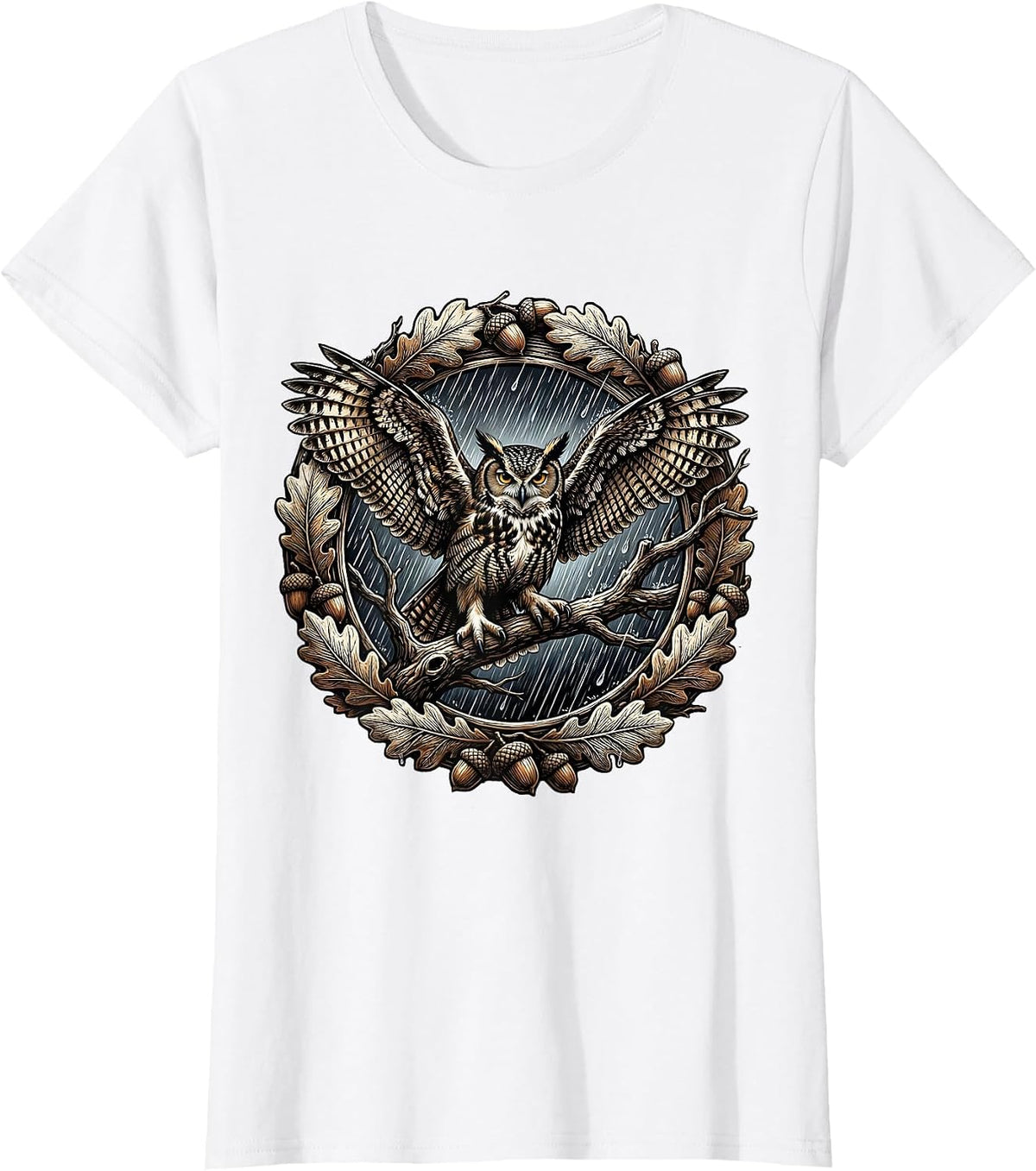 Women's Owl in the Rain Autumn Nature Illustration T-Shirt - White