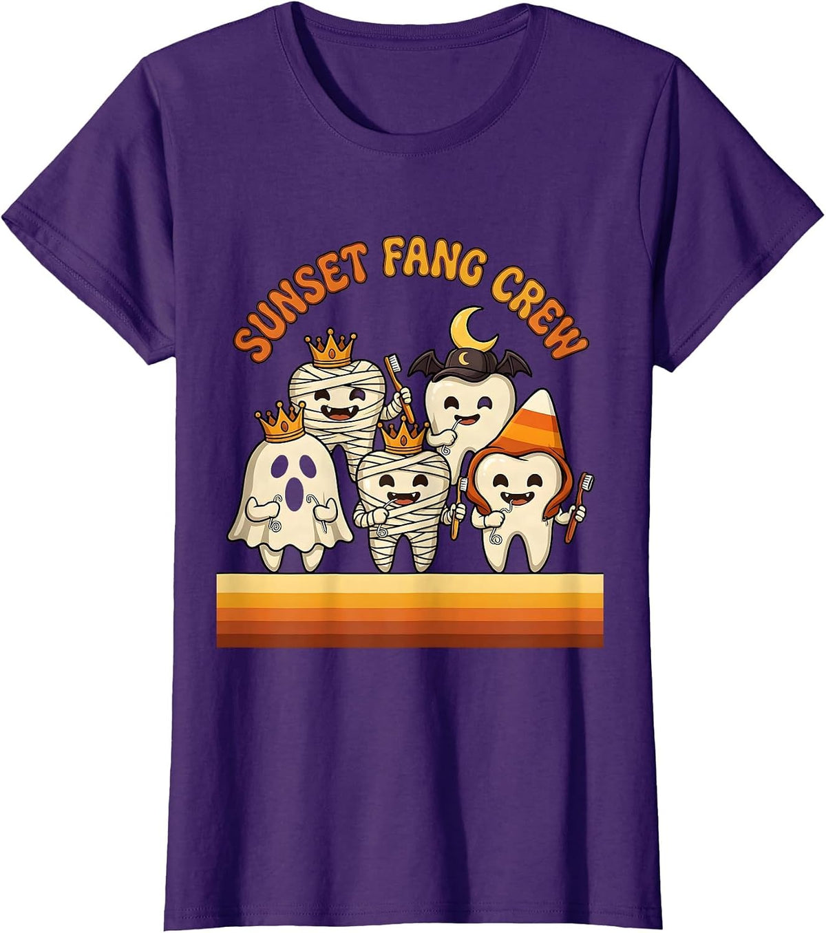 Women's Sunset Fang Crew Retro 70s Dental Halloween Costume Humor T-Shirt - Purple