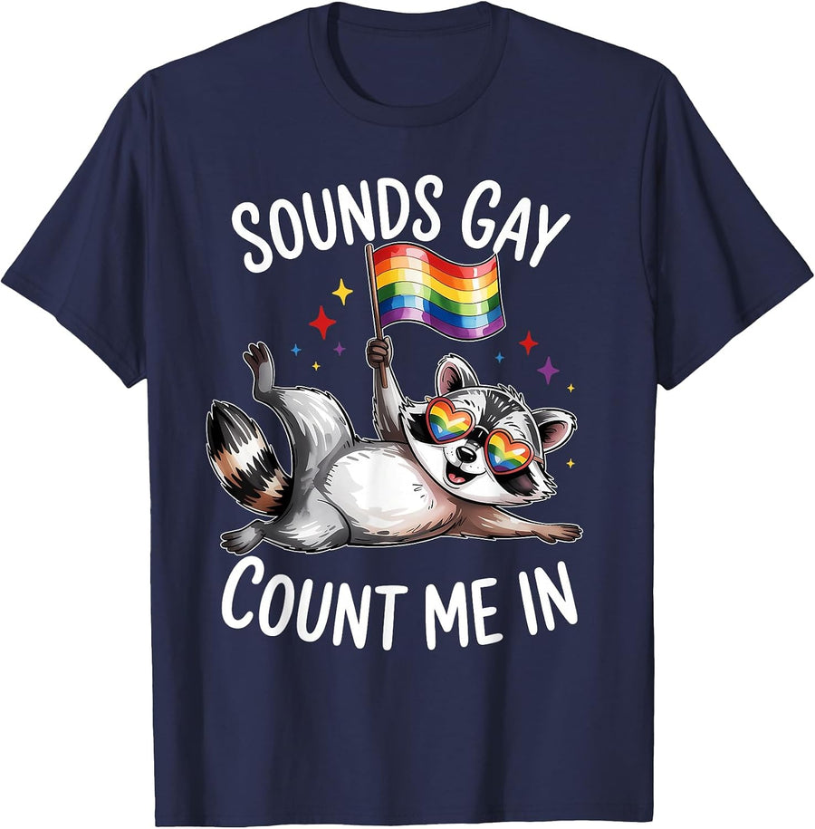 Funny LGBT Ally Raccoon Holding a Rainbow Flag LGBT Support T-Shirt - Navy Blue