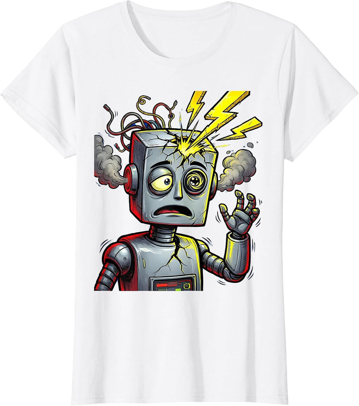 Glitching Robot Sparking Head Malfunction Design T-Shirt - White