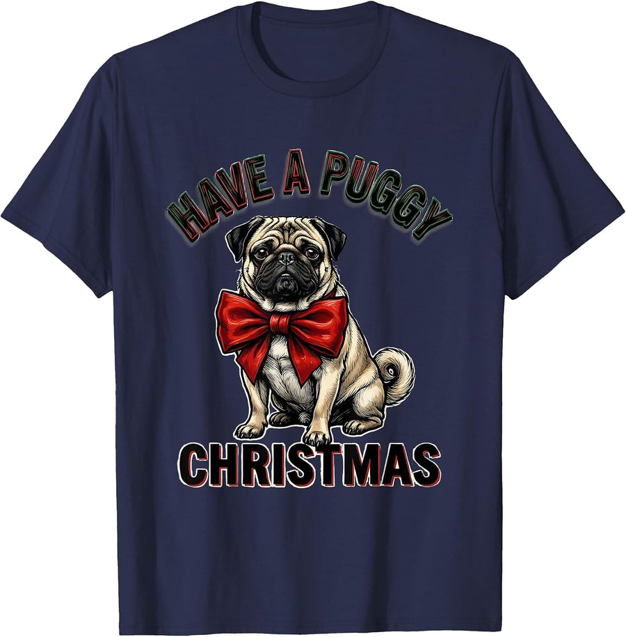 Have a Puggy Christmas Funny Pug Lover Holiday Portrait T-Shirt - Navy Blue