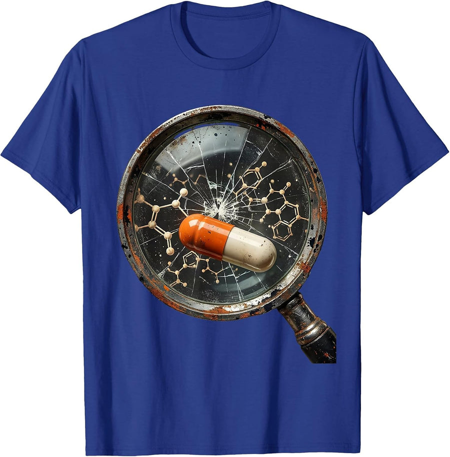 Pharmacy Technician Magnifying Glass Molecule Art T-Shirt - Royal Blue