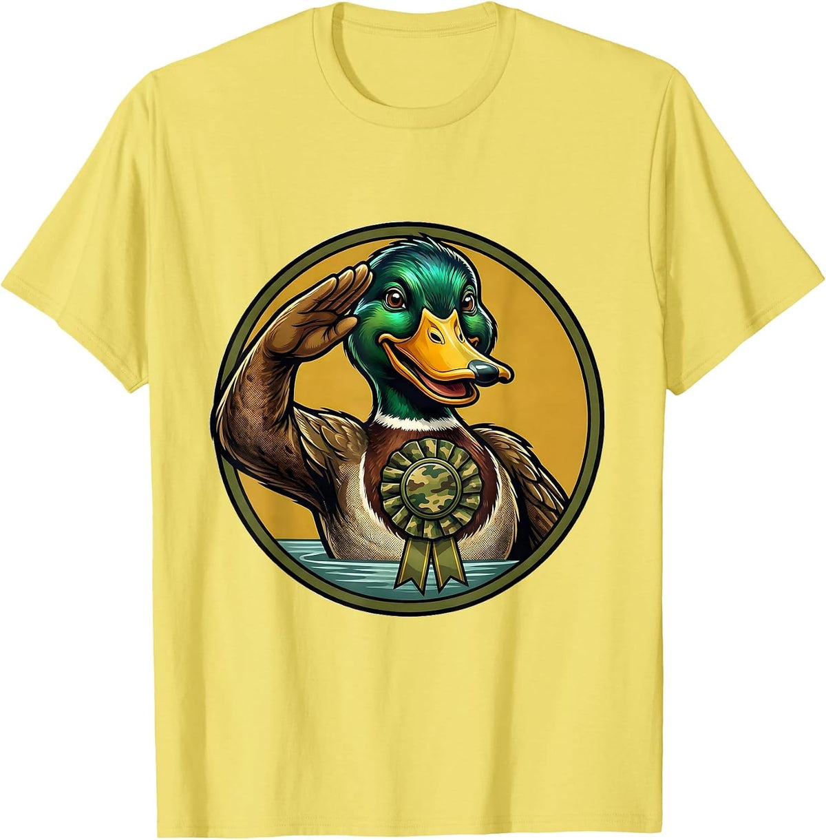 Men's Mallard Duck Camo Hunting Retro Mascot Badge Vintage T-Shirt - Lemon Yellow