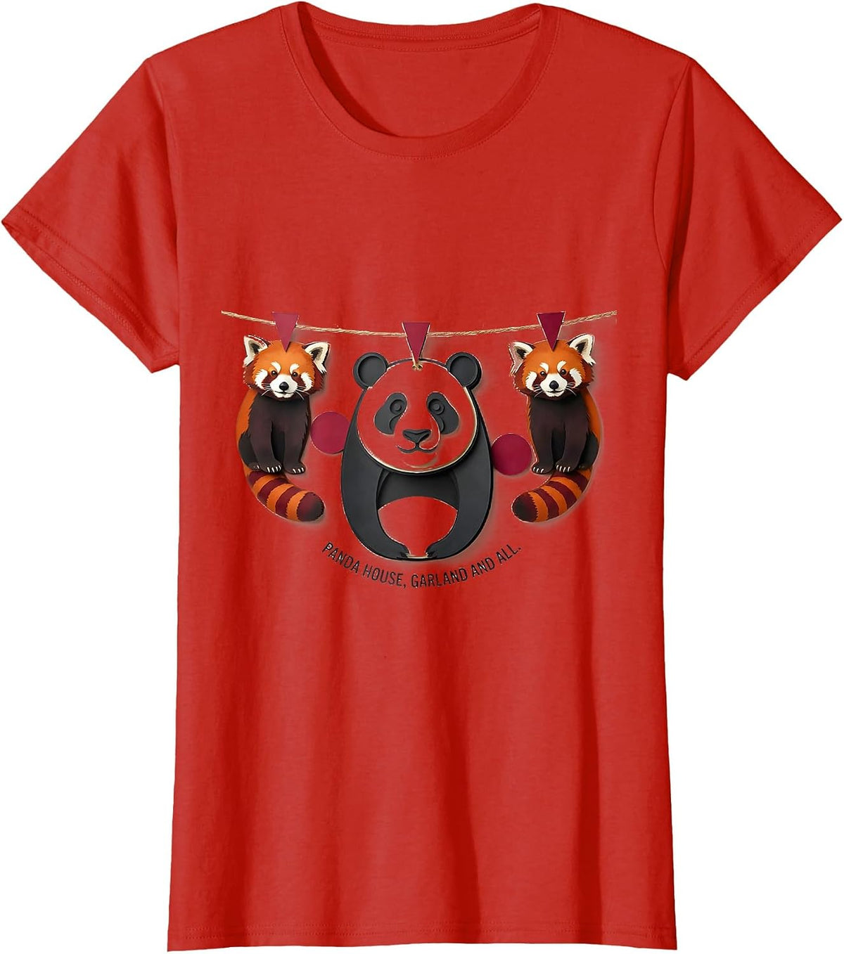 Women's Panda House Garland And All Cute Animal Lover Gift T-Shirt - Red