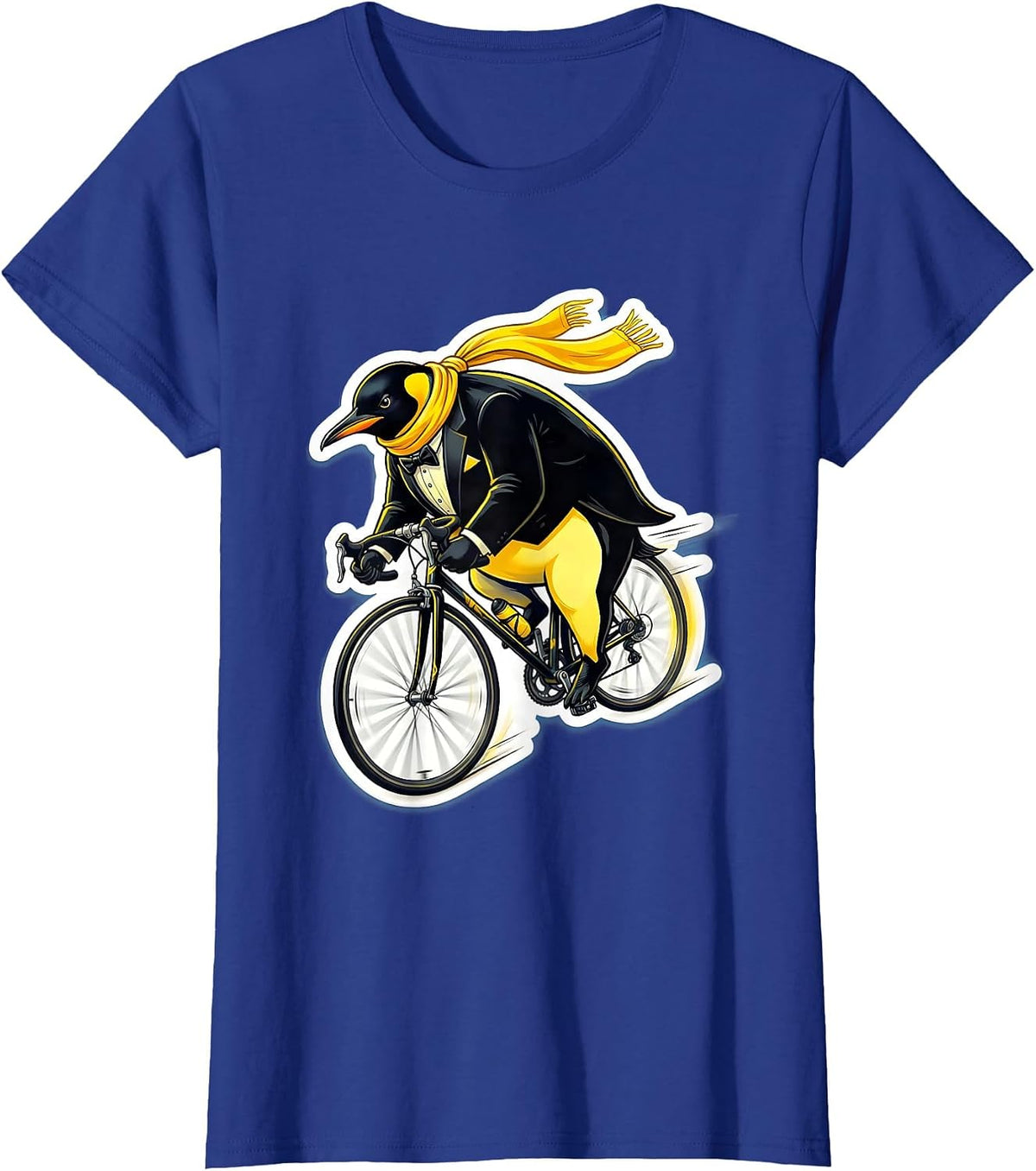 Women's Penguin Downhill Bicycle Speed Cycling Illustration T-Shirt - Royal Blue