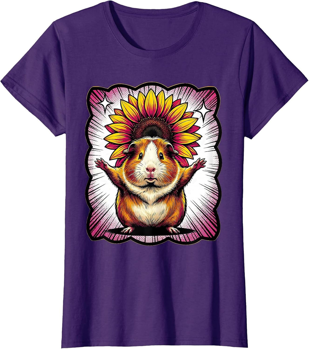 Women's Plump Guinea Pig Sunflower Pop Art Animal Lover Novelty T-Shirt - Purple