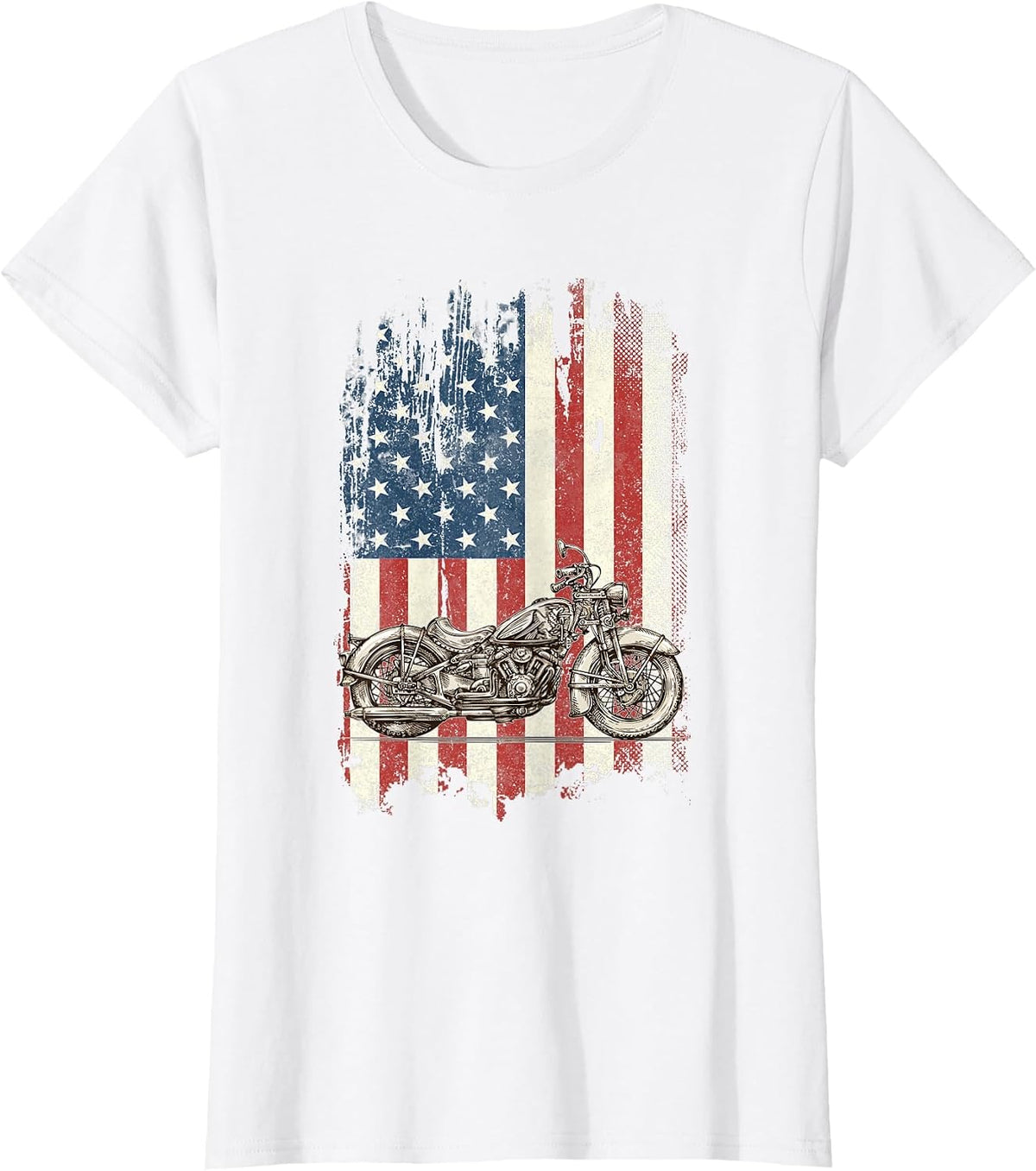 Motorcycle American Flag Distressed Vintage Biker Patriotic T-Shirt - White
