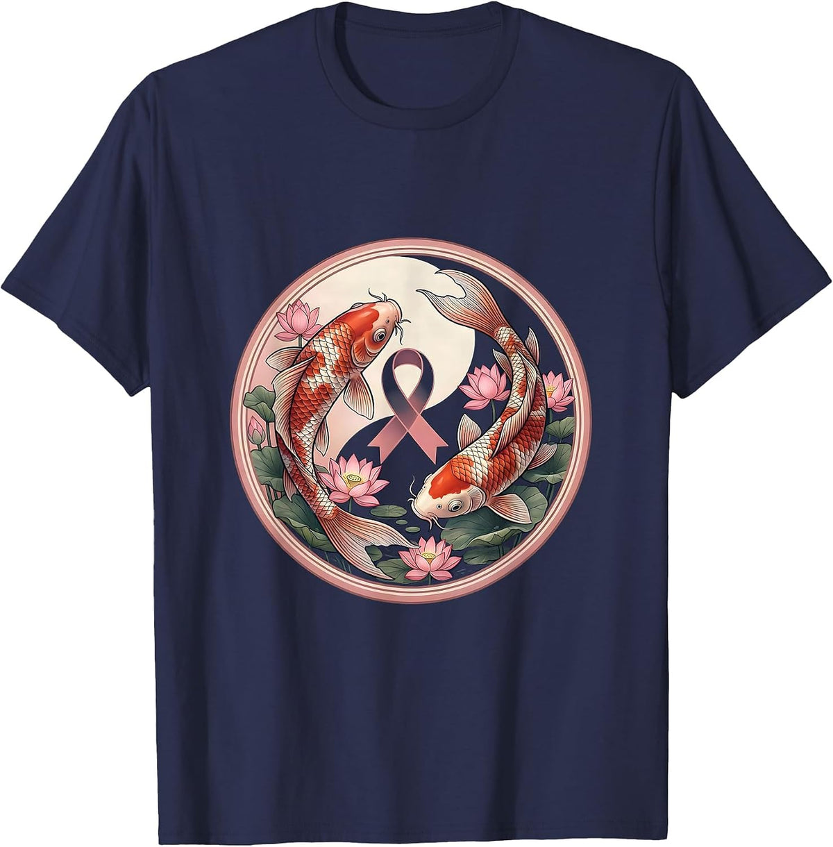 Koi Fish Pink Lotus Pond Breast Cancer Awareness T-Shirt - Navy Blue