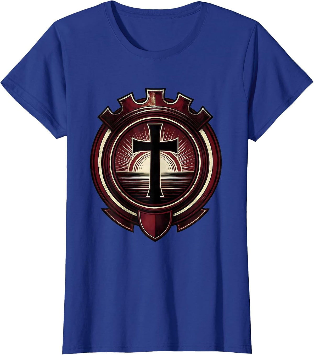 Women's Cross Silhouette Blood Red Sunset Graphic T-Shirt - Royal Blue