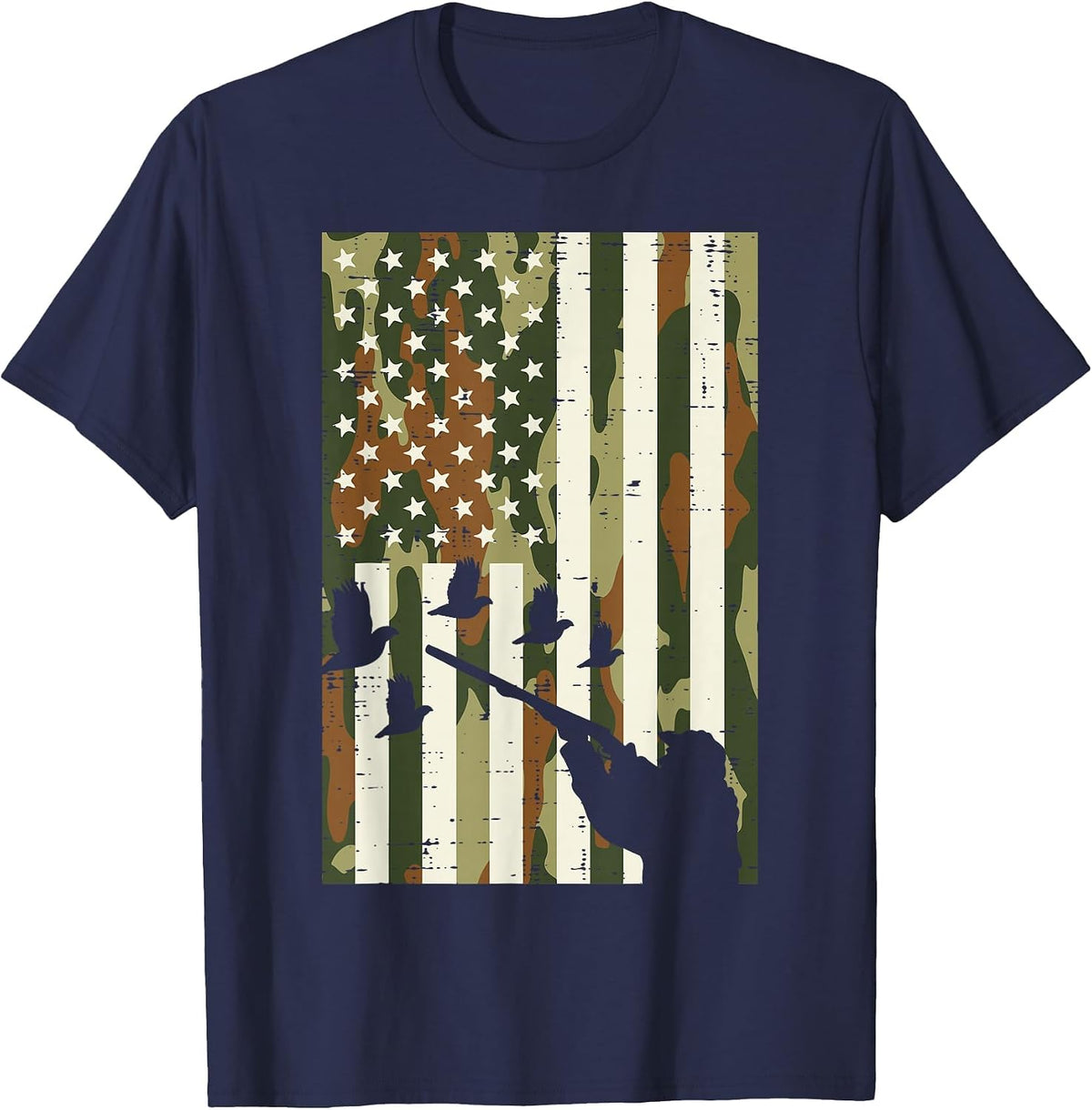 Camo US Flag Quail Pheasant Hunting Upland Hunt Patriotic T-Shirt - Navy Blue