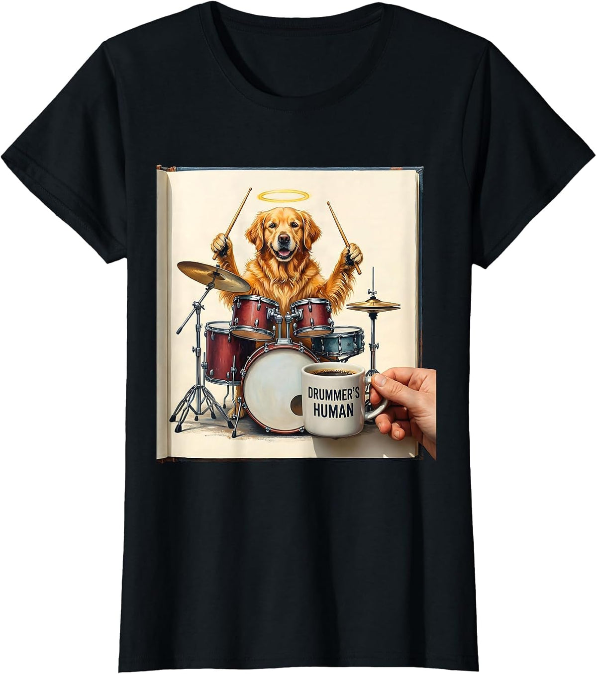 Drummer's Human Storybook Golden Retriever Dog Drummer Humor T-Shirt - Black